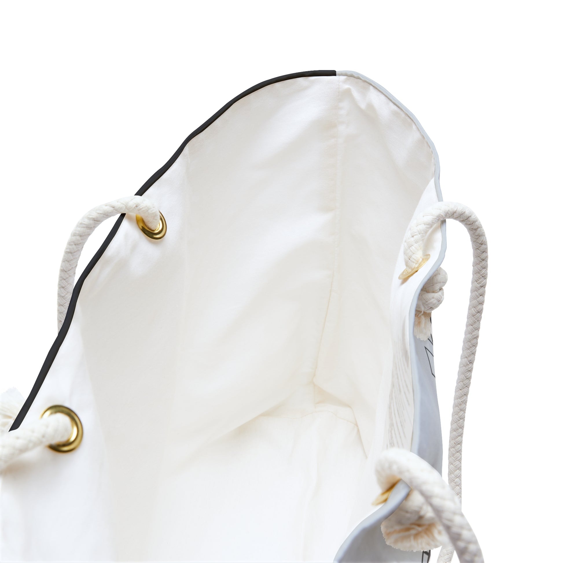 Precious tote by Palm Beach Proper open top. White drawstring bag with gold metal loops on a white background