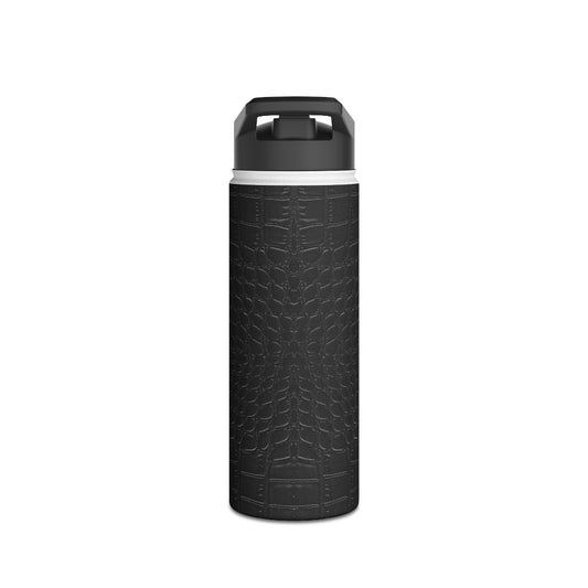 18oz. stainless steel water bottle for dad's briefcase diaper backpack. Professional look, custom engraving. Black textured water bottle with a black lid on a white background