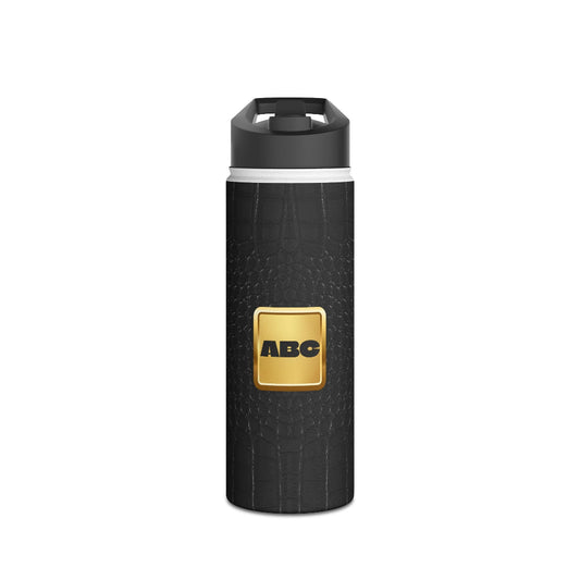 18oz. stainless steel water bottle for dad's briefcase diaper backpack. Professional look, custom engraving.Black insulated bottle with gold ABC logo on a white background