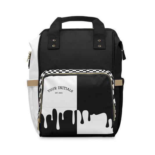 Personalized Chic Bold Drip Black and white backpack with checkered pattern and  space for'Your Initials' text on a white background
