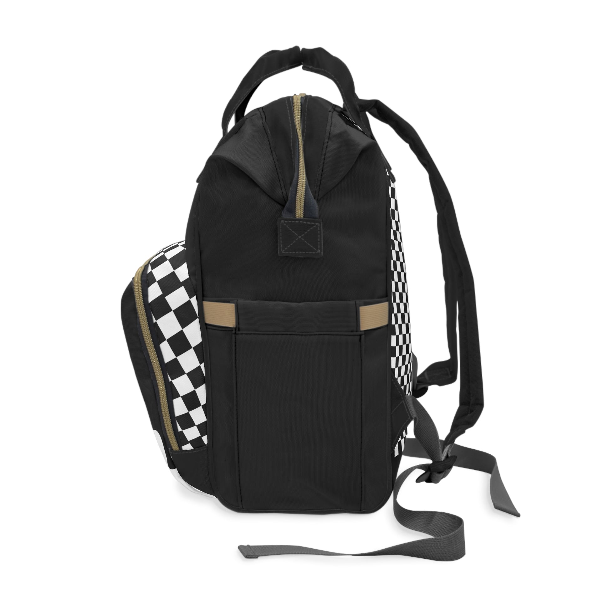 Black backpack with checkered patterns on straps and pocket on a white background