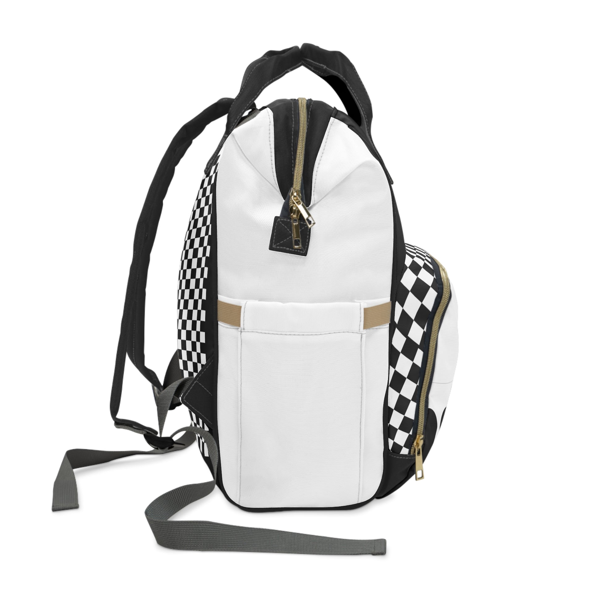 White backpack with black and white checkered patterns on a white background