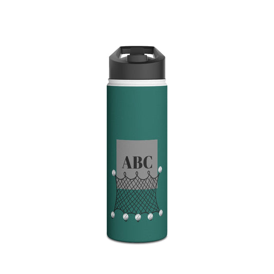 PBP Tackle box Style Teal water bottle with black lid and 'ABC' design for personalization on a teal background