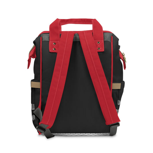 Black backpack with red straps on a white background - Dad's survival kit diaper backpack