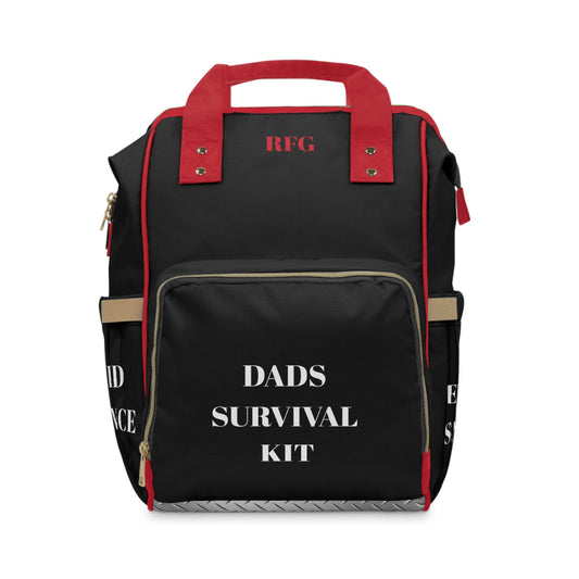 PBP Black backpack with red straps labeled 'Dads Survival Kit' in white on a black background
