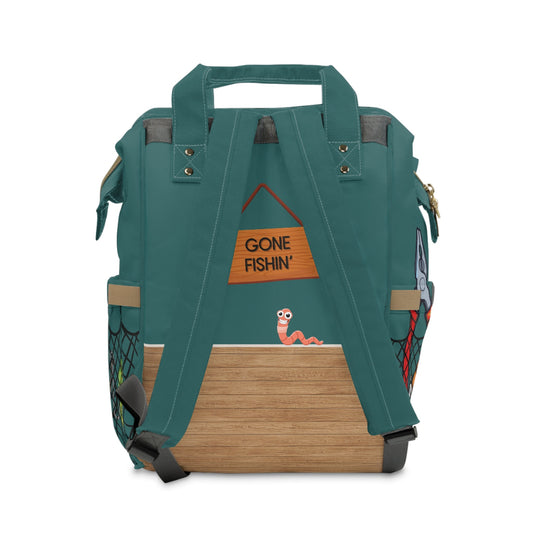 PBP Dad's tackle Box Style Diaper Backpack with fishing-themed design on a green background