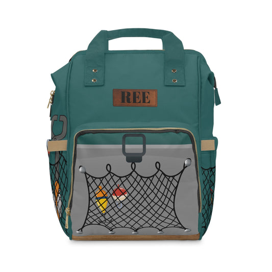 PBP Dad's Tackle Box Style Teal backpack with basketball hoop design on a gray background