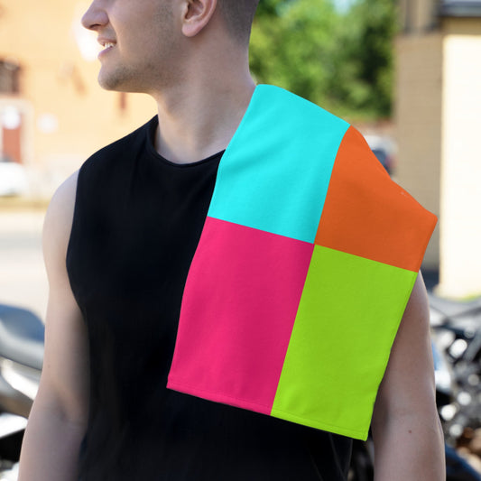 PBP Dad's Vibrant Burp Cloth on his shoulder