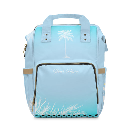 Light blue backpack with palm tree design on a white background