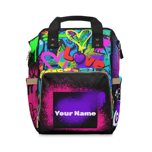 PBP Colorful Dad's Diaper Backpack with graffiti-style design and 'Your Name' text on a white background