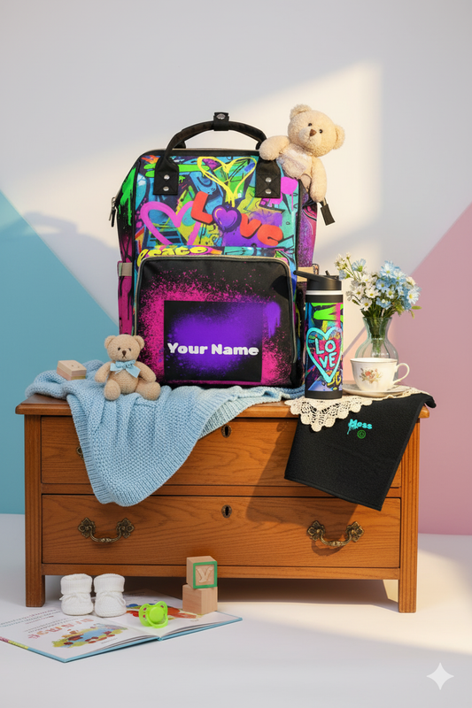 Colorful backpack with 'graffiti' design on a wooden chest with toys and a mug.
