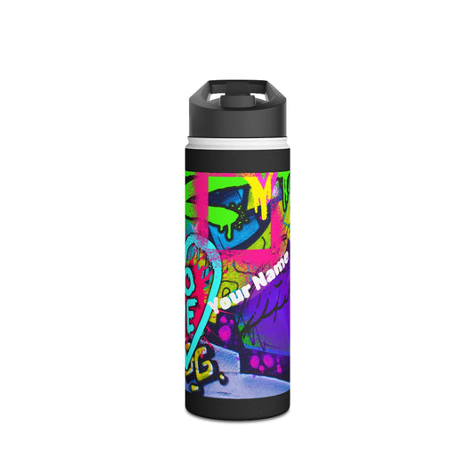 PBP Colorful Graffiti 18oz. water bottle with abstract design and text on a white background