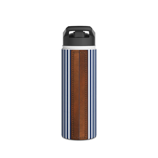 18oz. PBP stainless steel water bottle for dad's nautical style diaper backpack. Professional look, custom engraving. Insulated thermos bottle with striped pattern and brown leather section on a white background.