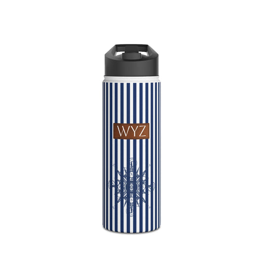 18oz. PBP stainless steel water bottle for dad's nautical style diaper backpack. Professional look, custom engraving.Blue striped and white insulated bottle with WYZ and black cap