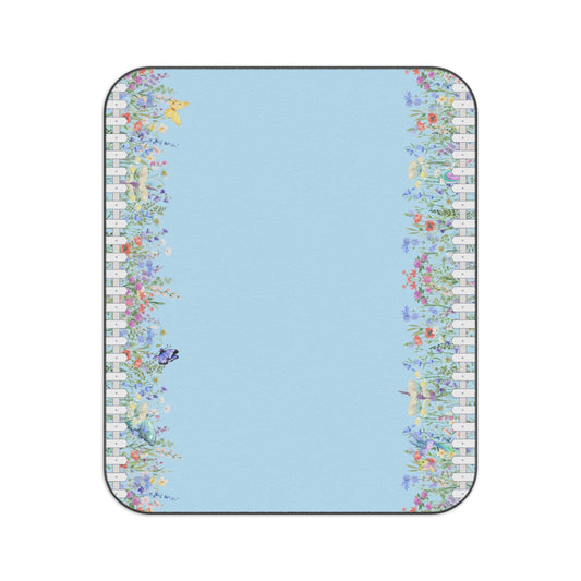 Floral border design on a blue background water resistant fleece picnic blanket PBP Pub