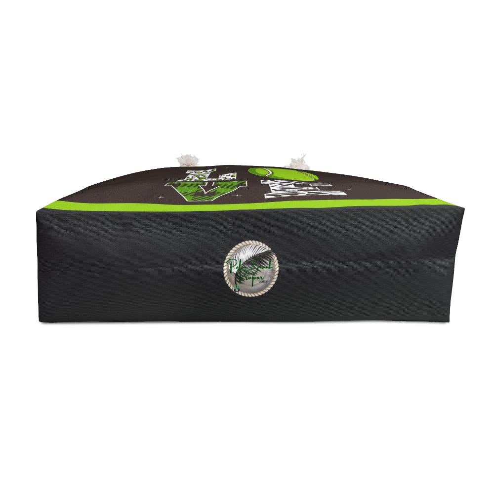 PBP Tennis Love Tote Black and green  with a logo on a black background