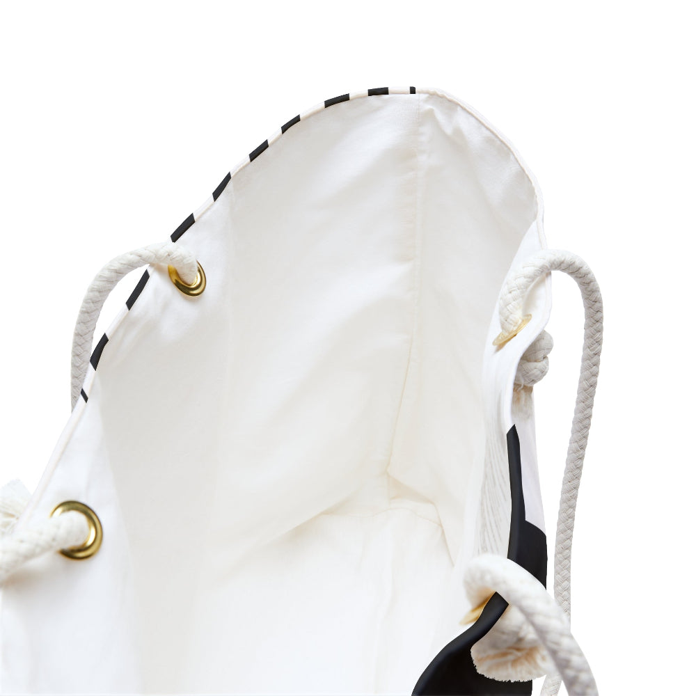 PBP Tennis Love White drawstring tote bag with gold eyelets on a white background