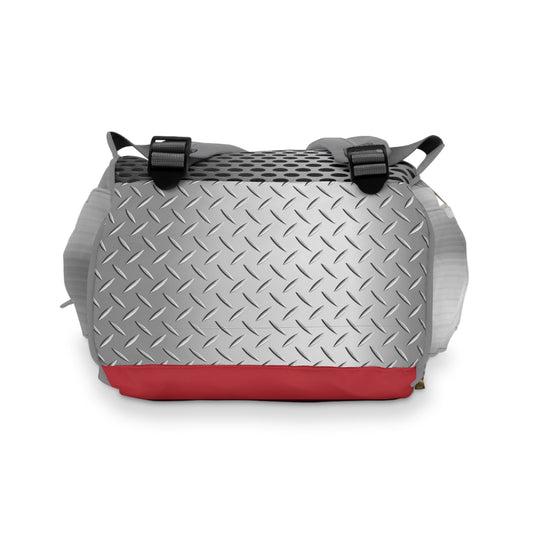 PBP Dad's Tool Box Kit Diaper Backpack bottom Gray and with diamond plate pattern on a white background