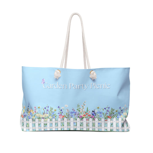 Tote bag with garden-themed design and 'Garden Party Picnic' text on a white background.PBP Pub garden party tote