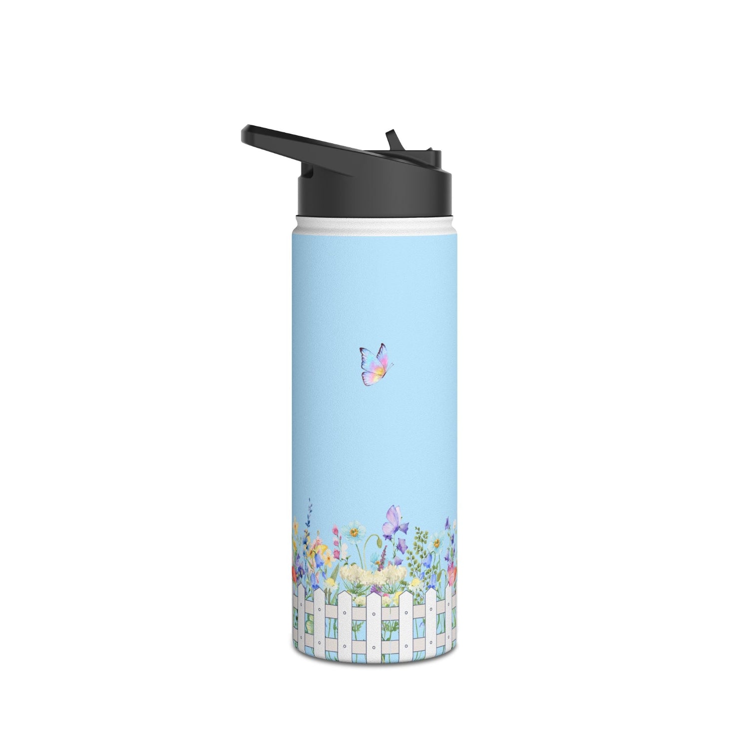 PBP Pub garden party Blue water bottle with a floral design and butterfly on a white background