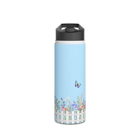 pbp garden party water bottle with a design of a butterfly and flowers on a light blue background